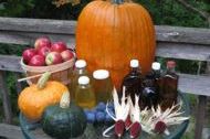 Fall harvest including syrup, honey, squash, pumpkin, apples, corn